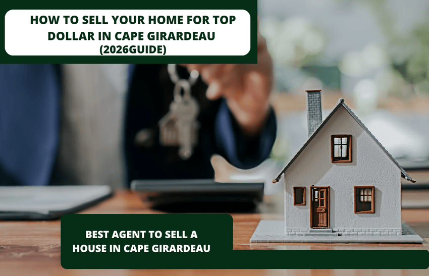A home model on a table with a man in background holding keys and showcasing best agent to sell a house in Cape Girardeau.