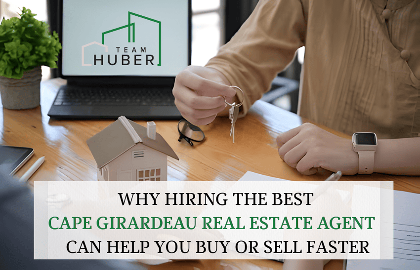 A person holding a key, a home model placed on a table, and laptop screen showing team huber sign, showcasing the best Cape Girardeaureal estate agent.