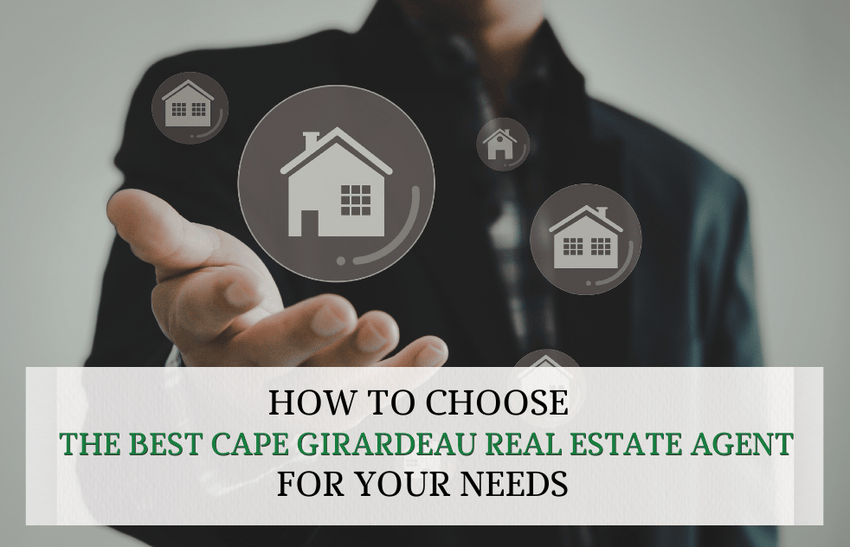 A man standing with his right hand opened, and few home icons floating around, describing how to choose the best Cape Girardeau real estate agent.