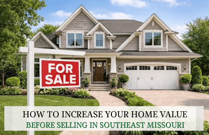 Beautiful suburban home with a "For Sale" sign in the front yard, showcasing curb appeal improvements that can help increase your home value before selling in Southeast Missouri.